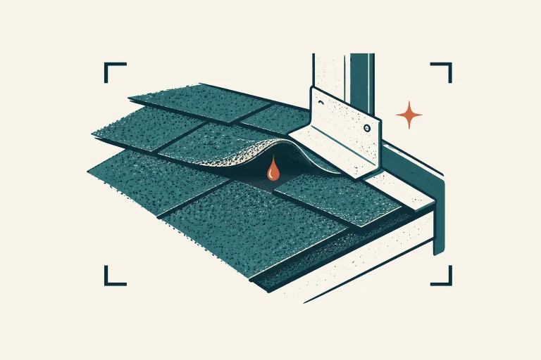 Roof sample board showing a lifted shingle, flashing gap, and water mark
