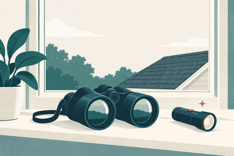 Binoculars on a windowsill facing a roof, safely viewed from indoors