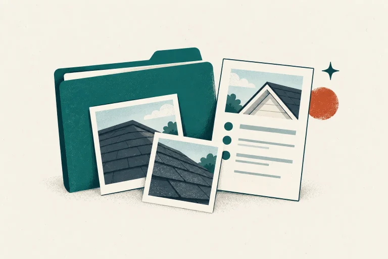 Home insurance folder beside roof photographs and a condition report