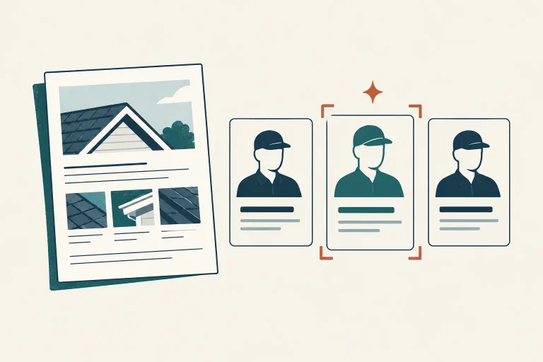 Three inspector profiles beside a sample roof report and evidence markers