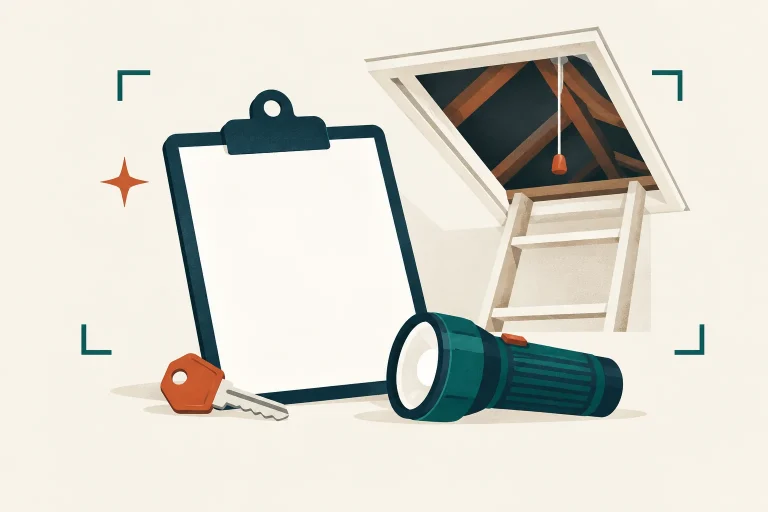 Clipboard with roof records, keys, flashlight, and clear attic access path