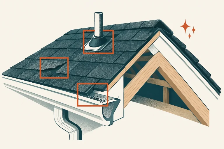 Simplified roof cutaway with markers at shingles, flashing, gutter, and attic