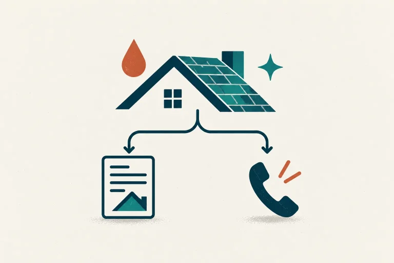 Homeowner decision path branching from a roof to a report and phone