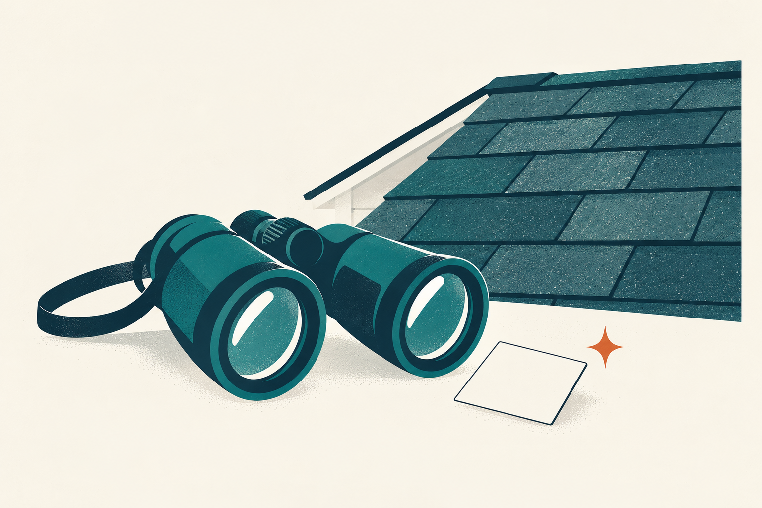 Homeowner reviewing routine roof inspection evidence from a safe ground-level viewpoint